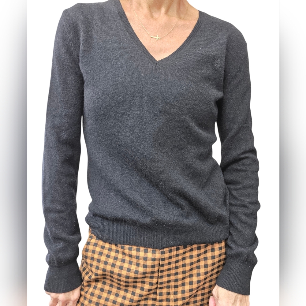 Lauren Ralph Lauren 100% Cashmere Sweater Black V Neck Logo Knit S